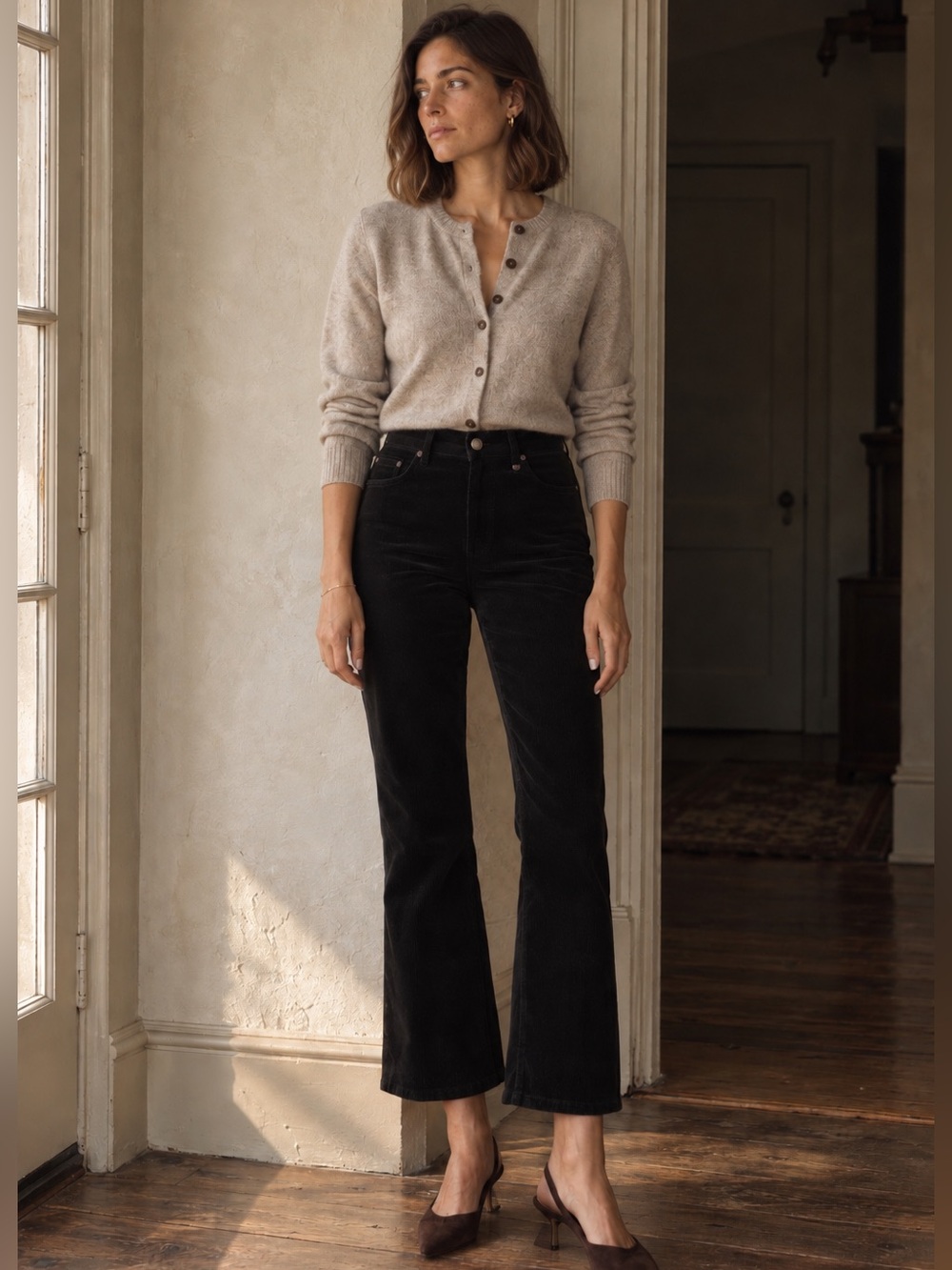 Jenni Kayne Black Corduroy Cropped Straight Flare Pants Size 4